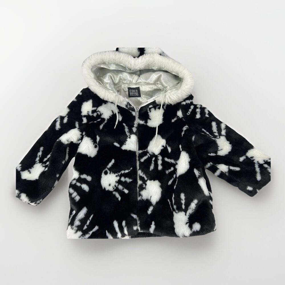 Cold Escape Kids Faux Fur Jacket Hand Print Black White Hooded Size 6